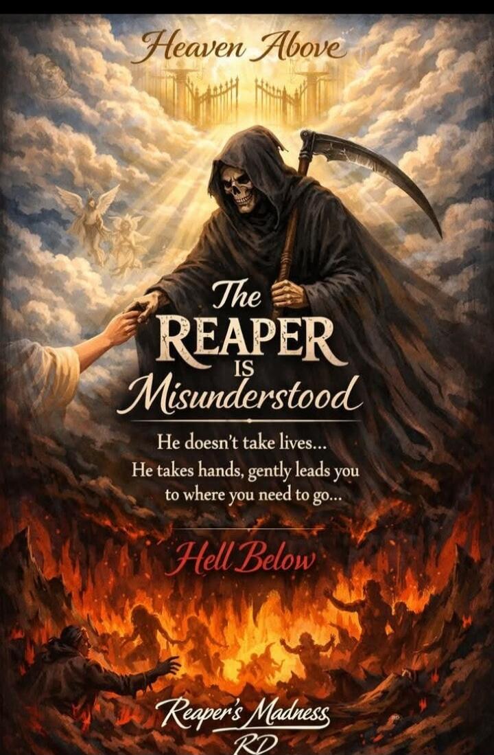 Heaven Above
The Reaper is Misunderstood
He doesn't take lives... He takes hands, gently leads you to where you need to go...
Hell Below
Reaper's Madness RD