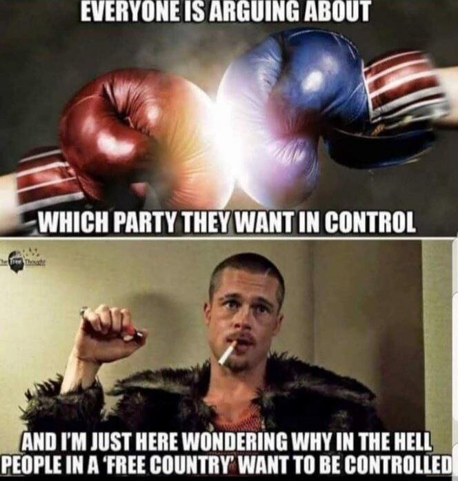 EVERYONE IS ARGUING ABOUT WHICH PARTY THEY WANT IN CONTROL\nAND I'M JUST HERE WONDERING WHY IN THE HELL PEOPLE IN A 'FREE COUNTRY' WANT TO BE CONTROLLED