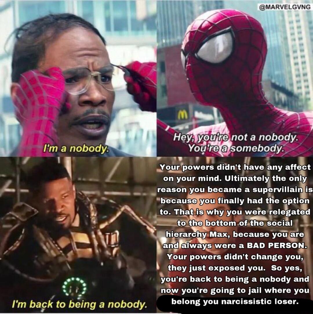 Yerawere dTunit flave Any afn on your mind Uitimatelythe oniy yreason you became a supervilairi pucau afiTways were a BAD PERSON Your powers didnt change you they just exposed you So yes Youre back to g a nobody and D new youre going to jail where you bolong you narcissistic loser Im bagK to bing a nobody