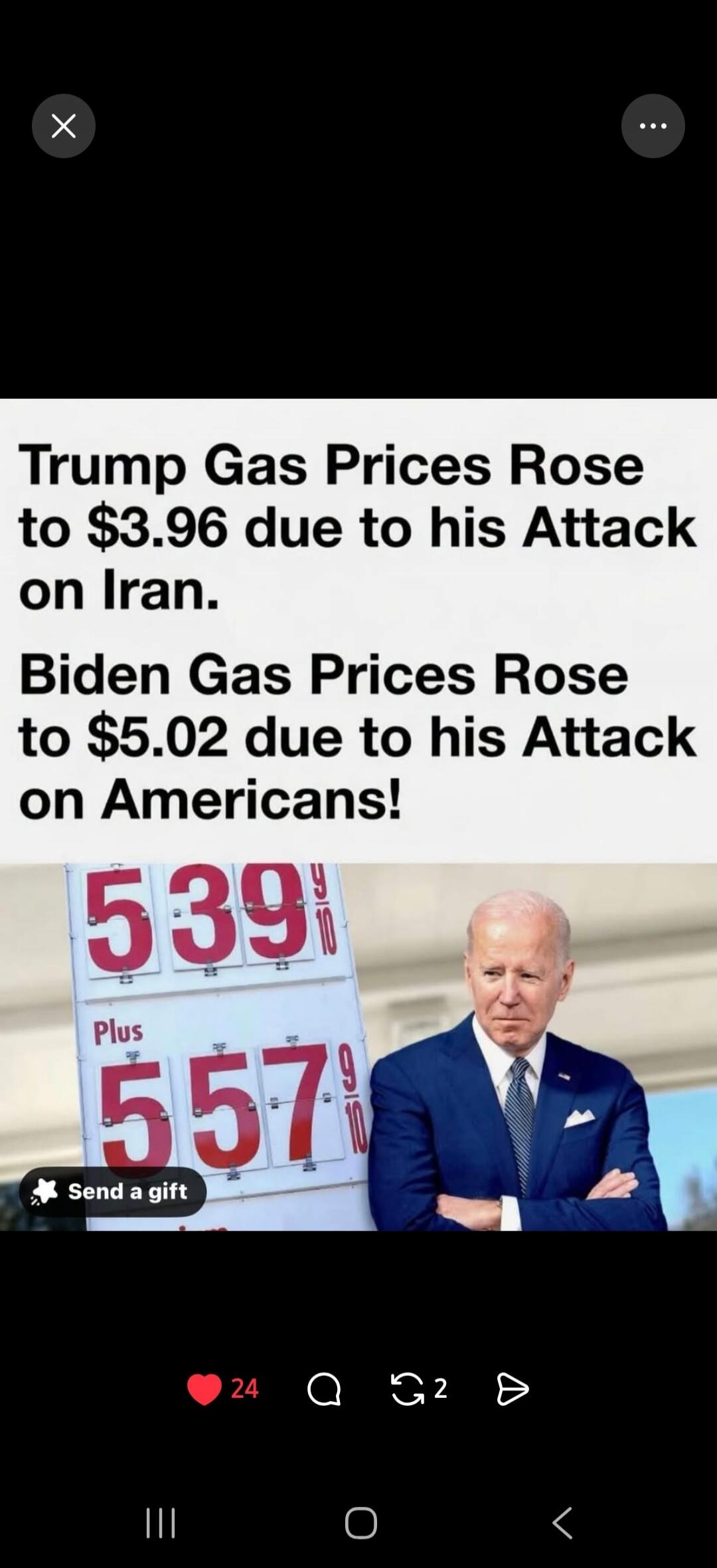Trump Gas Prices Rose to $3.96 due to his Attack on Iran. Biden Gas Prices Rose to $5.02 due to his Attack on Americans! Gas prices on the sign show 5.39 9/10 and 5.57 9/10.