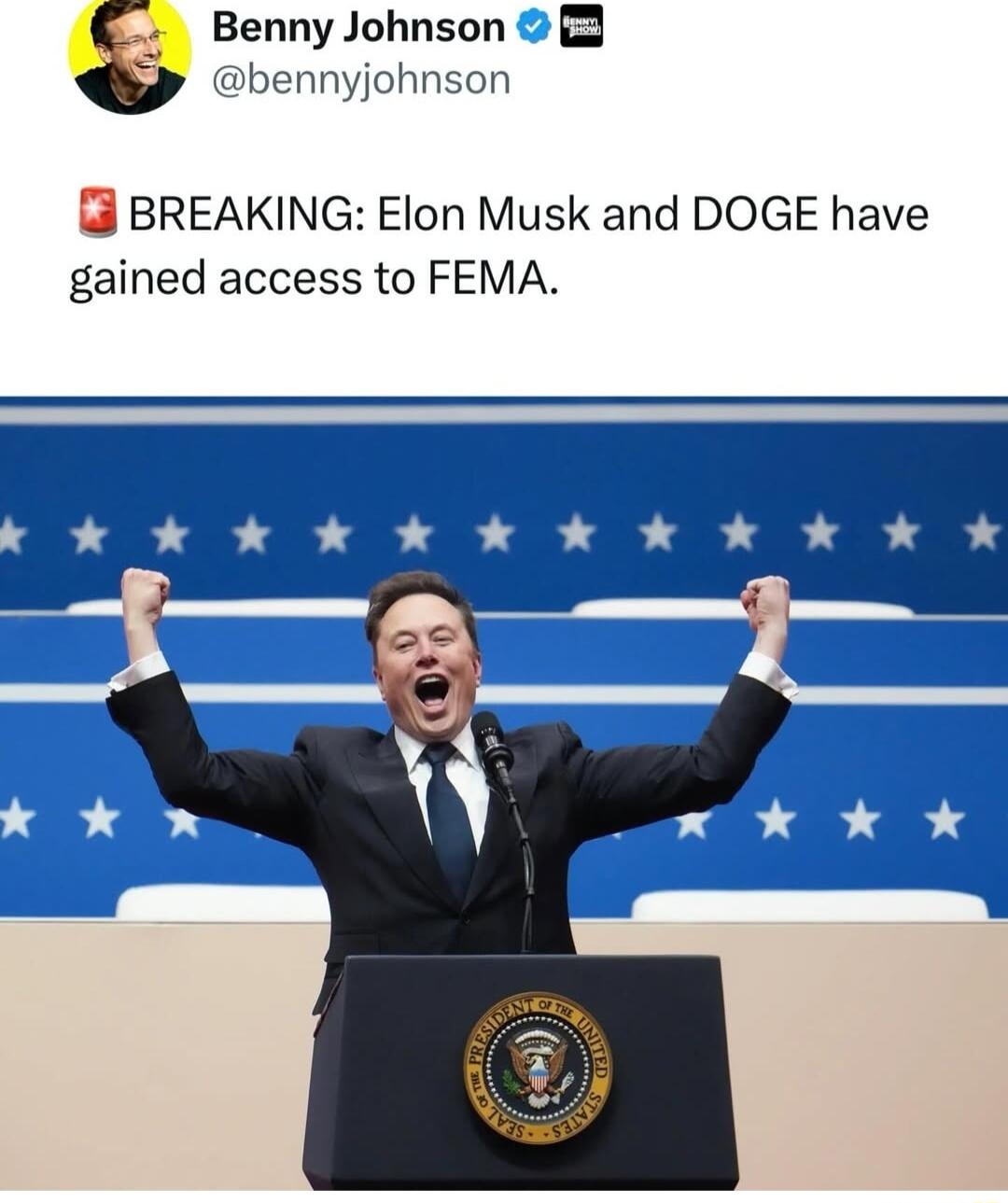 Benny Johnson 2 bennyjohnson BREAKING Elon Musk and DOGE have gained access to FEMA ok ok ok ok ok ok ok ok ok Kk K