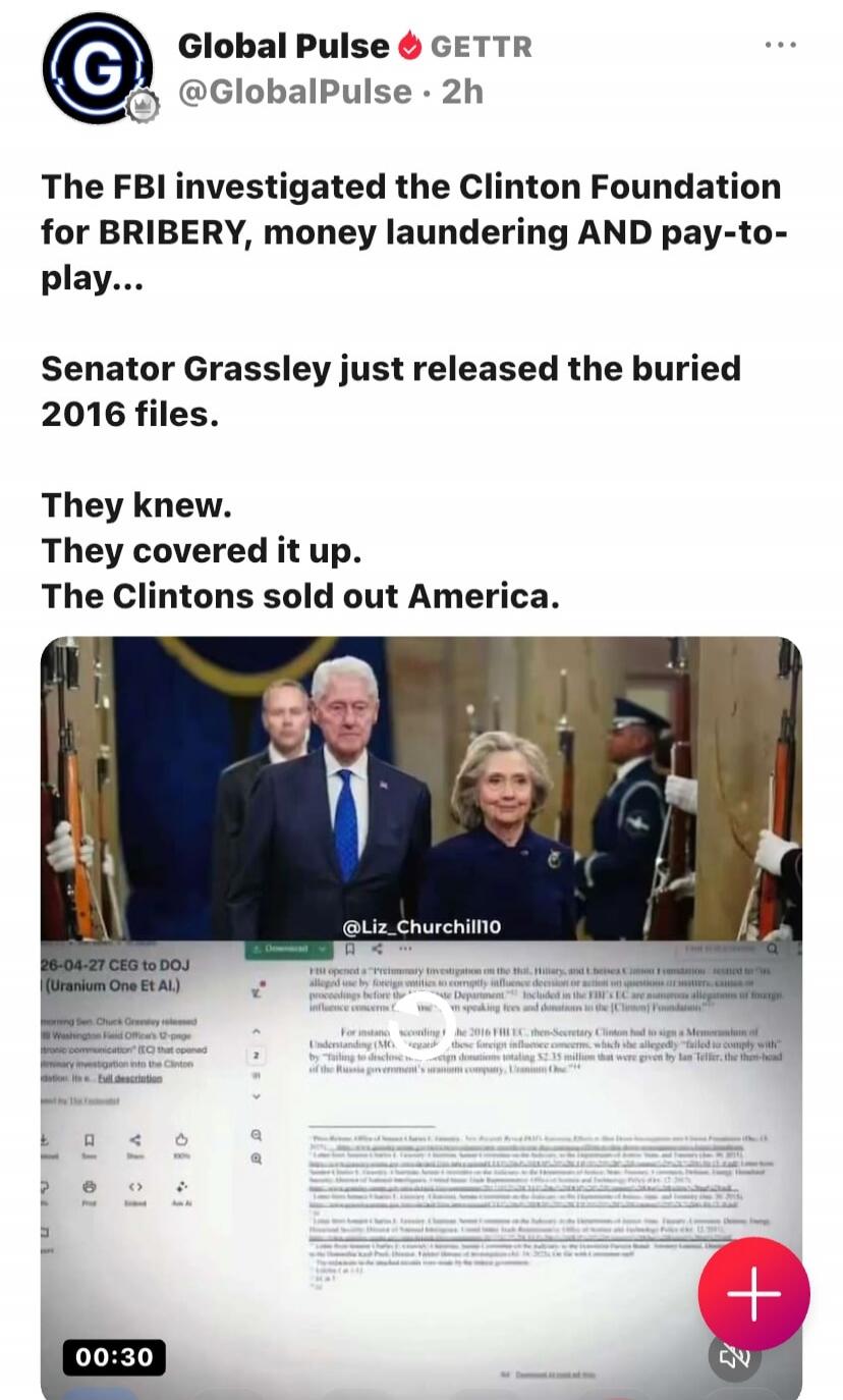 The FBI investigated the Clinton Foundation for BRIBERY, money laundering AND pay-to-play... Senator Grassley just released the buried 2016 files. They knew. They covered it up. The Clintons sold out America. 26-04-27 CEG to DOJ (Uranium One Et Al.) FBI opened a 'Preliminary investigation on the Hill, Hillary, and Chelsea Clinton Foundation related