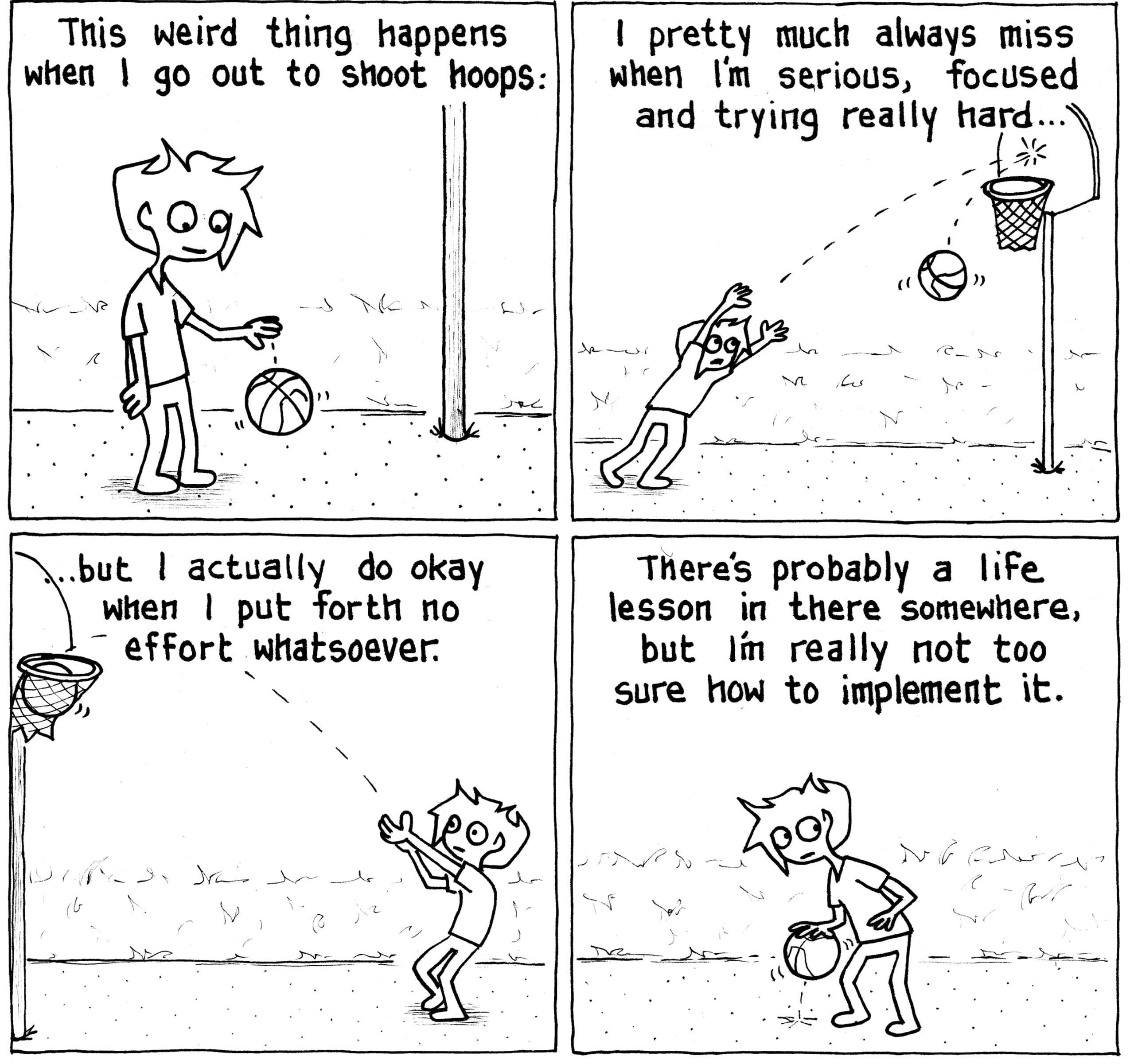 tales of mere existence This Weird thing happens wen go out to shoot hoops 1 pretty much always miss when Im serious focused and trying really hard but actually do okay vien put forth no effortwhatsoever Theres probably a life lesson in there somewhere but lin really not too sure How to implement it