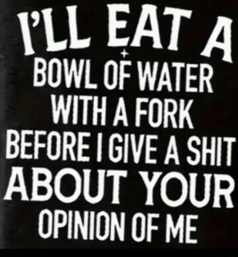 I'LL EAT A BOWL OF WATER WITH A FORK BEFORE I GIVE A SHIT ABOUT YOUR OPINION OF ME