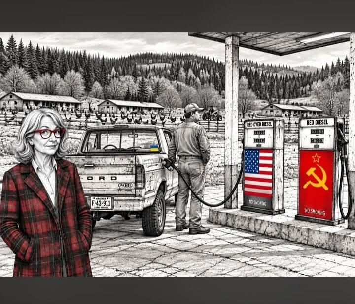 A woman in a plaid jacket and red glasses stands in the foreground. Behind her, a man is fueling a Ford F-150 pickup truck at a gas station. The truck has a Ukrainian flag sticker. There are two gas pumps: one with an American flag and 'RED DYED DIESEL' text, and another with a Soviet Union flag (hammer and sickle) and 'RED DIESEL' text. Both pumps