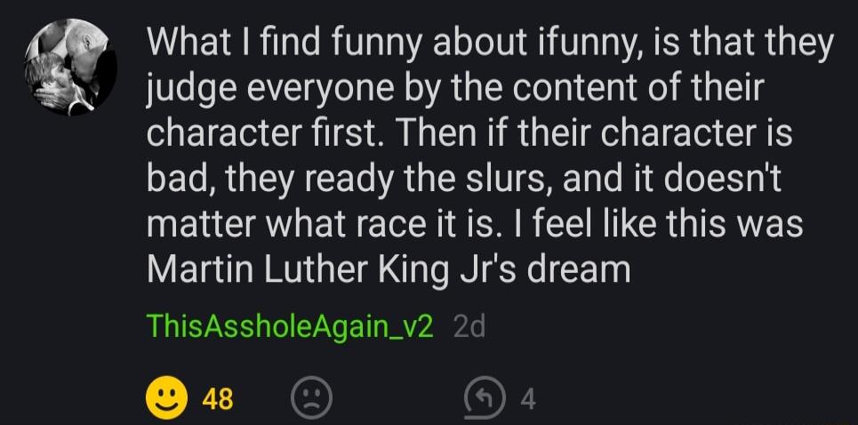 What I find funny about ifunny is that they judge everyone by the content of their character first Then if their character is bad they ready the slurs and it doesnt ERCATIEEEL NS R N TERGIRES Martin Luther King Jrs dream ThisAssholeAgain_v2