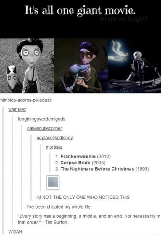 Its all one giant movie 1 Frankenweenie Corpse Bride 2 The Nightmare Before Christmas 1