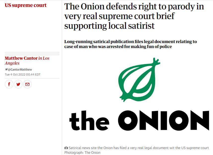 US supreme court Matthew Cantoin Lo Areies twe The Onion defends right to parody in very real supreme court brief supporting local satirist Long running atircal publication s el document relating oo wan who wa arrested formaking Fun ofpolice the ONION