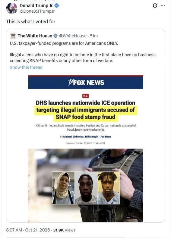 Donald Trump Jr. shared a post from The White House stating, 