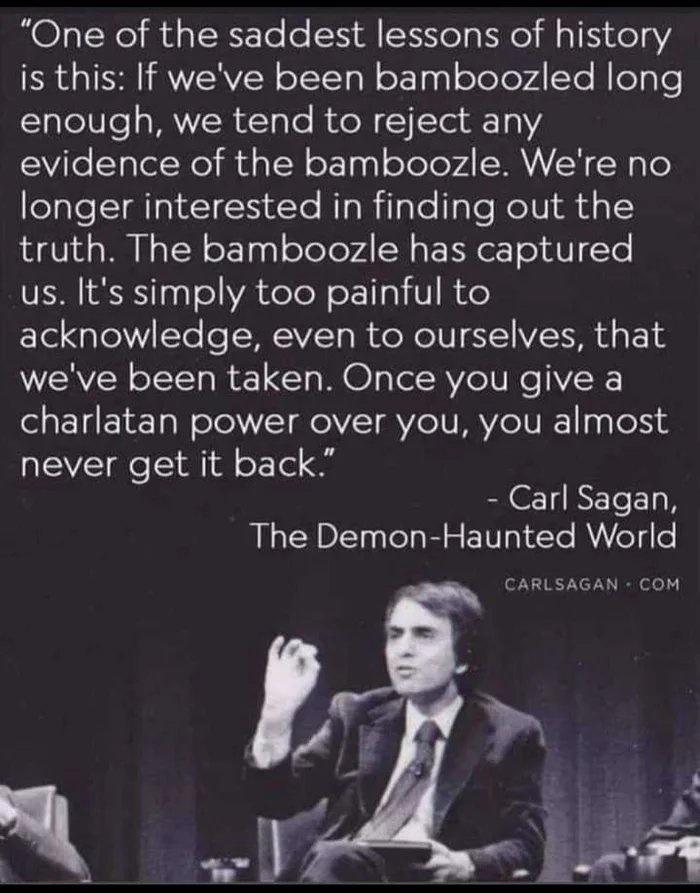 One of the saddest lessons of history is this If weve been bamboozled long enough we tend to reject any evidence of the bamboozle Were no longer interested in finding out the truth The bamboozle has captured us Its simply too painful to acknowledge even to ourselves that weve been taken Once you give a charlatan power over you you almost never get it back Carl Sagan The Demon Haunted World CARLSAG