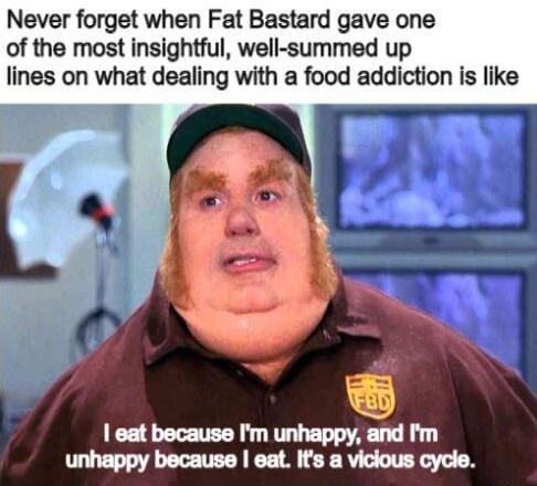 Never forget when Fat Bastard gave one of the most insightful well summed up lines on what dealing with a food addiction is like eat because Im unhappy and Im unhappy because eat Its a viclous cycle