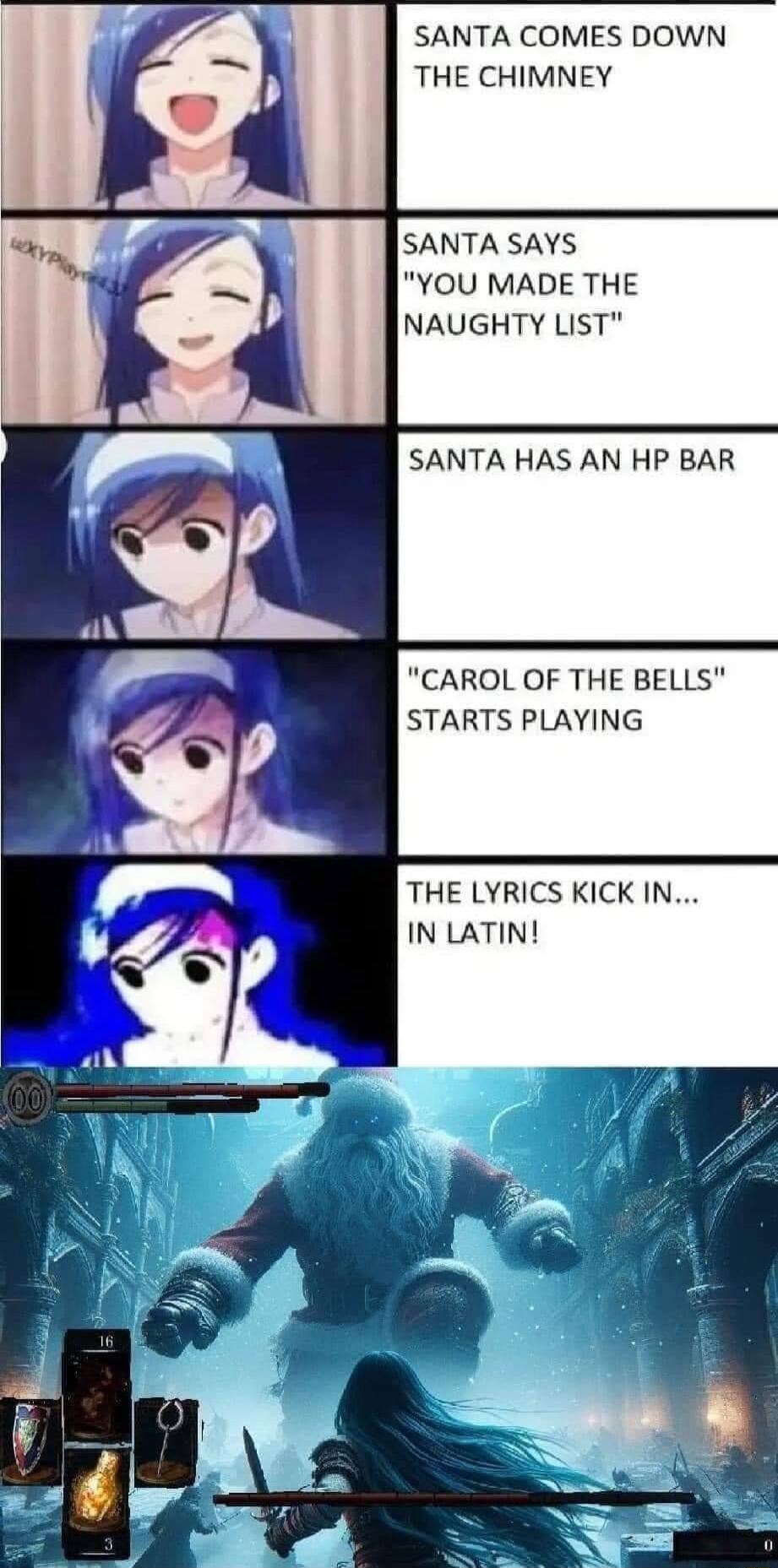 SANTA COMES DOWN THE CHIMNEY SANTA SAYS YOU MADE THE NAUGHTY LIST SANTA HAS AN HP BAR CAROL OF THE BELLS STARTS PLAYING THE LYRICS KICK IN IN LATIN