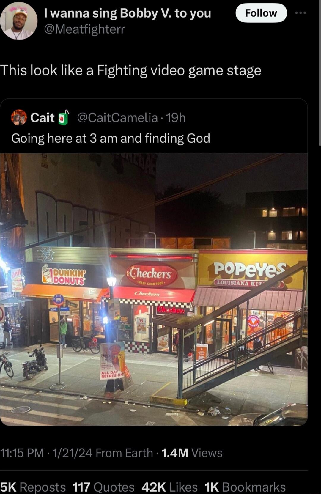 e NVELLERLEL LT ATA G Meatfighterr This look like a Fighting video game stage Cait f CaitCamelia 19h Going here at 3 am and finding God 1116 PM 12124 From Earth 14M Views 5K Reposts 117 Quotes 42K Likes 1K Bookmarks