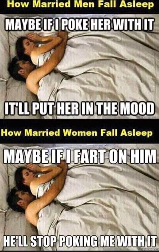 How Married Men Fall Asleep: Maybe if I poke her with it, it'll put her in the mood. How Married Women Fall Asleep: Maybe if I fart on him, he'll stop poking me with it.