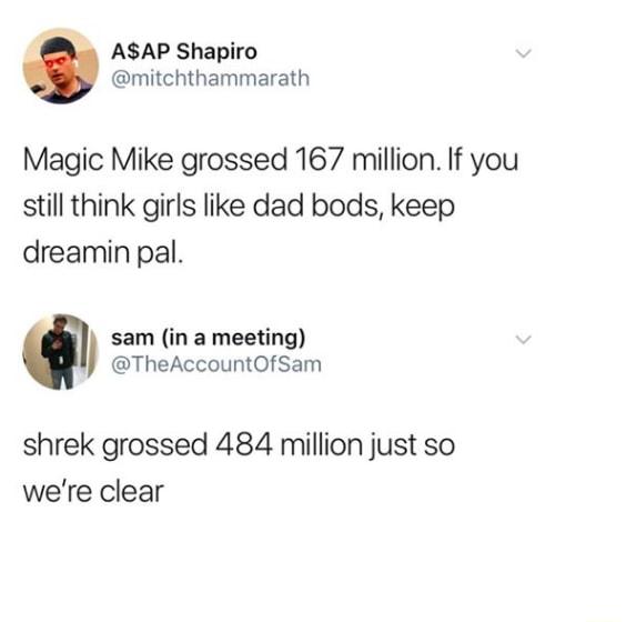 ASAP Shapiro mitchthammarath Magic Mike grossed 167 million If you still think girls like dad bods keep dreamin pal sam in a meeting TheAccountOfSam shrek grossed 484 million just so were clear