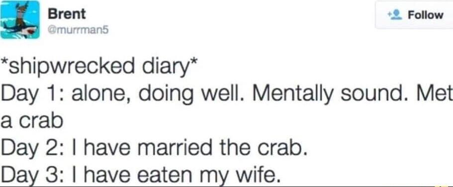 Brent 2 Follow shipwrecked diary Day 1 alone doing well Mentally sound Met a crab Day 2 have married the crab Day 3 have eaten my wife