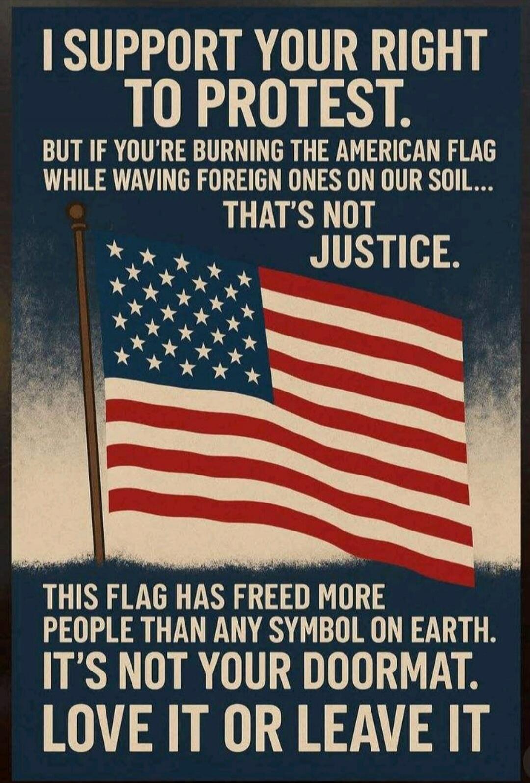 I support your right to protest. But if you're burning the American flag while waving foreign ones on our soil... that's not justice. This flag has freed more people than any symbol on Earth. It's not your doormat. Love it or leave it.