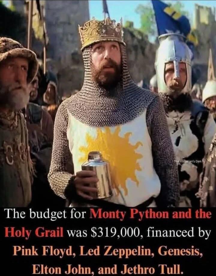 The budget for Monty Python and the Holy Grail was $319,000, financed by Pink Floyd, Led Zeppelin, Genesis, Elton John, and Jethro Tull.