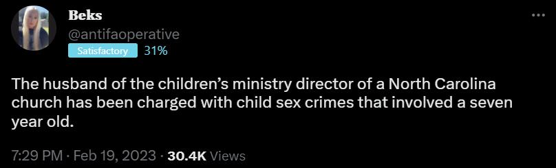 Beks antifac The husband of the childrens ministry director of a North Carolina church has been charged with child sex crimes that involved a seven yearold O PM F