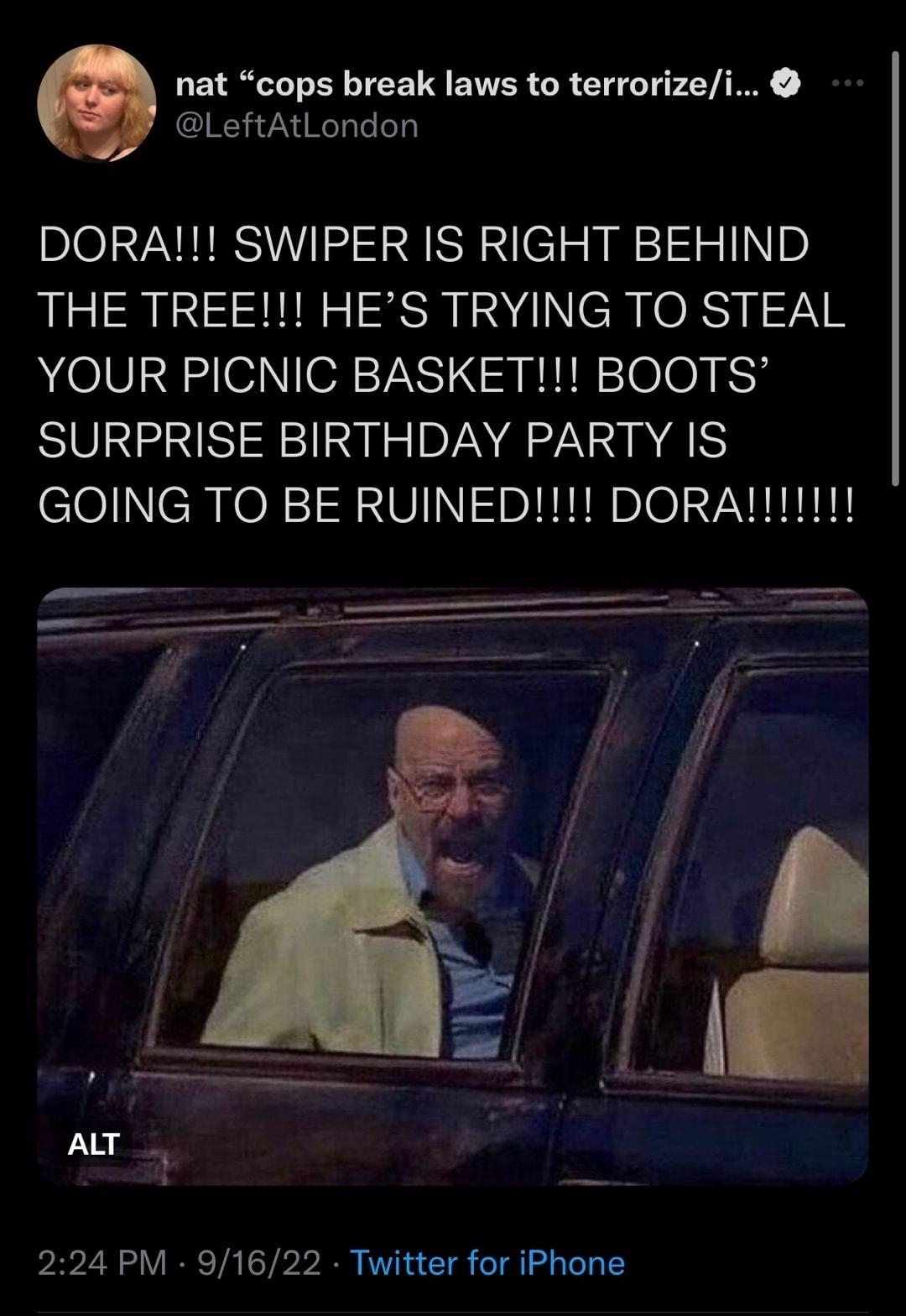 nat cops break laws to terrorizei LeftAtLondon DORA SWIPER IS RIGHT BEHIND THE TREE HES TRYING TO STEAL YOUR PICNIC BASKET BOOTS SURPRISE BIRTHDAY PARTY IS GOING TO BE RUINED DORAII 224 PM 91622 Twitter for iPhone LN REVERER T Yo TLICRIELCR BN RIS