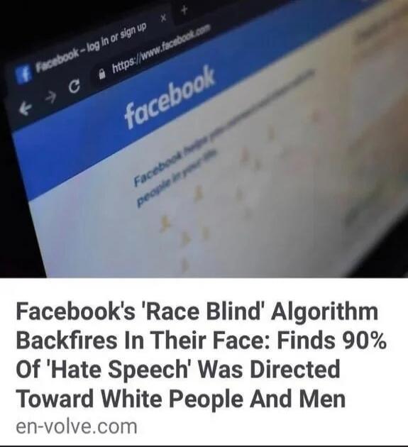 Facebook's 'Race Blind' Algorithm Backfires In Their Face: Finds 90% Of 'Hate Speech' Was Directed Toward White People And Men