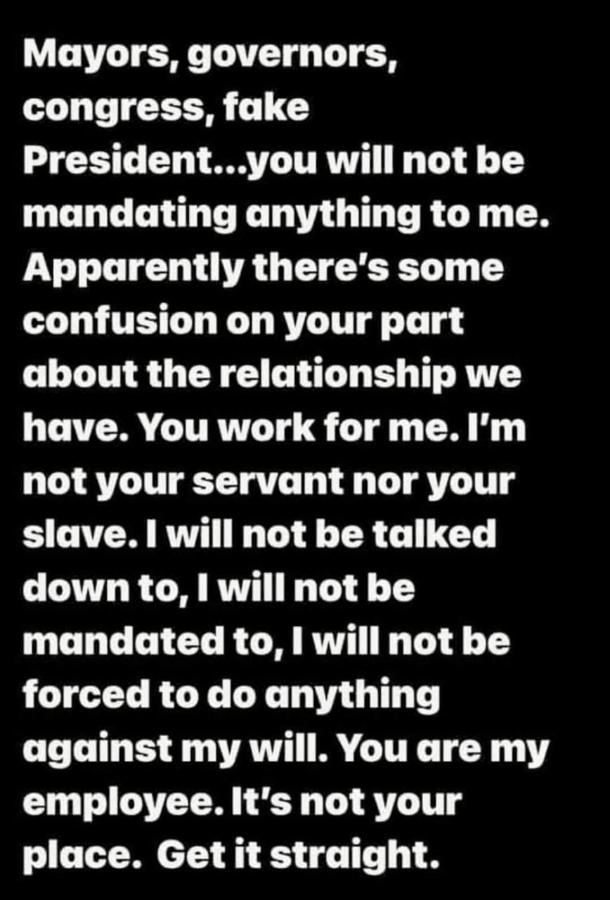 Mayors governors L T G Presidentyou will not be mandating anything to me Apparently theres some confusion on your part G LIN R GEYG C UL QTN CITRNT QT i not your servant nor your slave will not be talked CITOR ORI MCOECCRCARTTN T forced to do anything against my will You are my employee Its not your place Get it straight