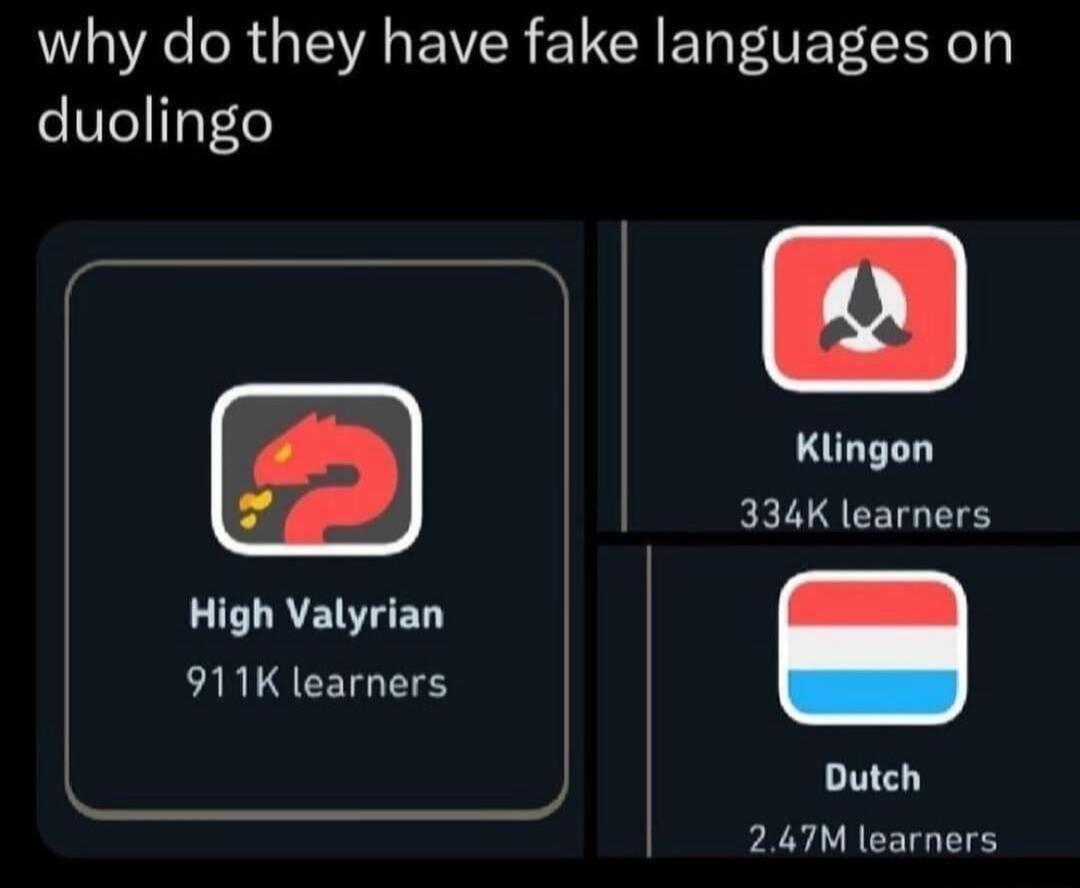 WA R GV E VR L CRET Y duolingo Klingon 334K learners LIFLAEED AR CETG T Dutch 247M learners N