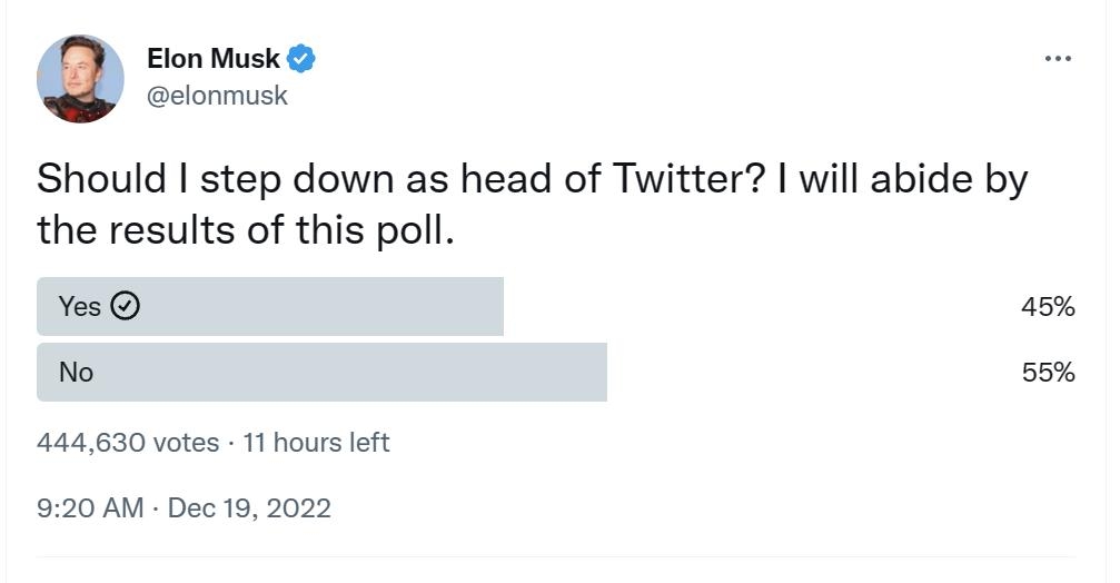 Elon Musk elonmusk Should step down as head of Twitter will abide by the results of this poll Yes 45 No s5 444630 votes 11 hours eft 920 AM Dec 192022 10K Retweets 5734 Quote Tweets 172K Likes o u V S