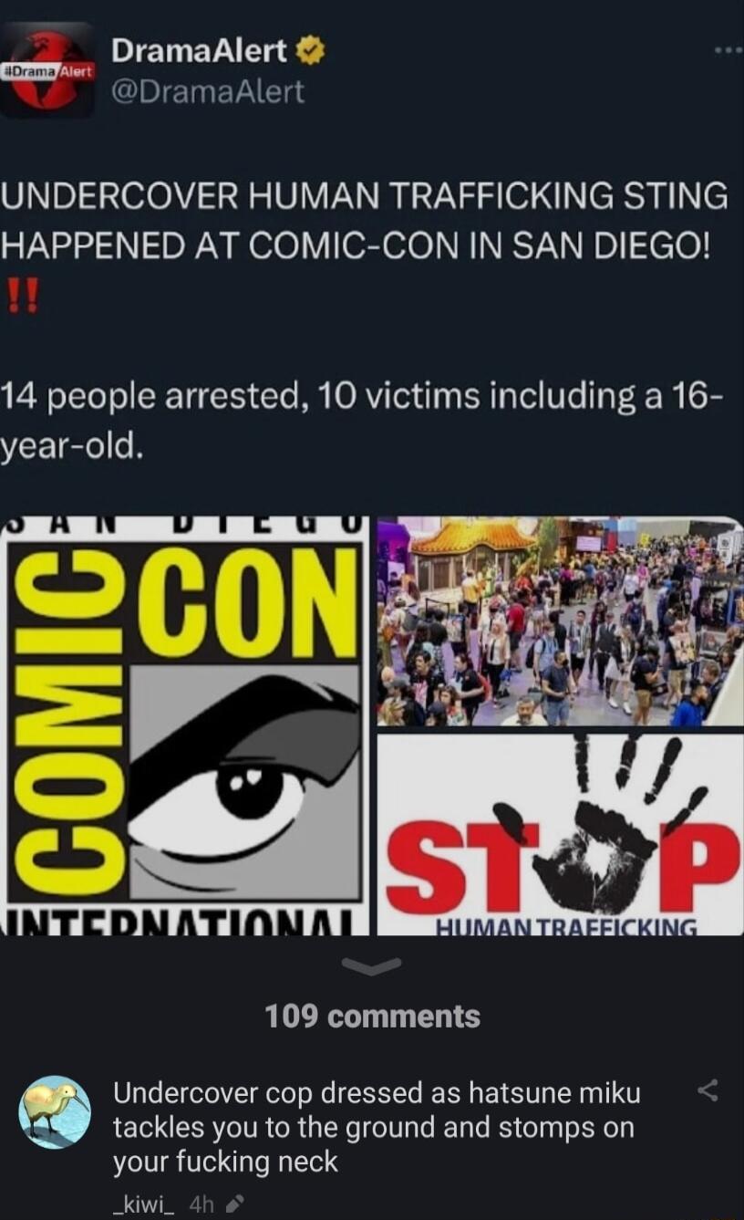 DI EV R WP Dramahlert UNDERCOVER HUMAN TRAFFICKING STING HAPPENED AT COMIC CON IN SAN DIEGO 14 people arrested 10 victims including a 16 year old 109 comments Undercover cop dressed as hatsune miku tackles you to the ground and stomps on your fucking neck _Kiwi_