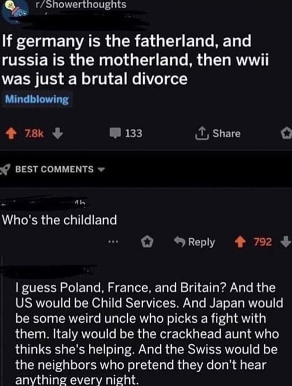 rShowerthoughts I E CUUETARR GER EYGEET RET o EEENCR N Te1 g T T T B G T R was just a brutal divorce Mindblowing 4 78 BEk 1 Share O BEST COMMENTS v an UL GER BT Reply 4 792 guess Poland France and Britain And the US would be Child Services And Japan would be some weird uncle who picks a fight with them Italy would be the crackhead aunt who thinks shes helping And the Swiss would be the neighbors w