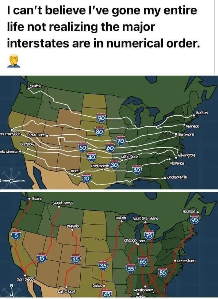 cant believe Ive gone my entire life not realizing the major terstates are in numerical order