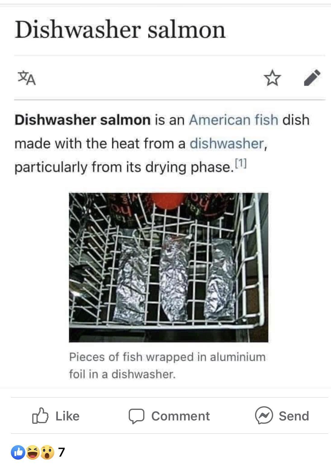 Dishwasher salmon A w Dishwasher salmon is an American fish dish made with the heat from a dishwasher particularly from its drying phase Pieces of fish wrapped in aluminium foil in a dishwasher o5 Like Comment send