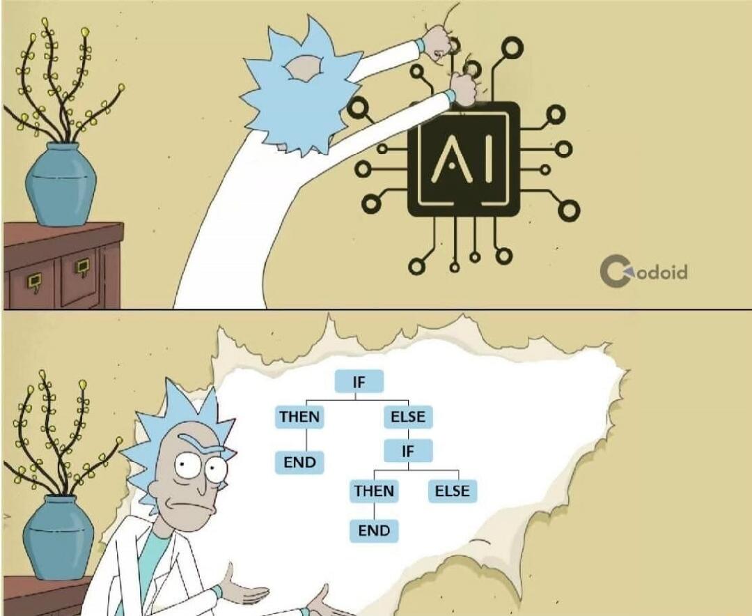 Rick Sanchez is connecting wires to an AI chip. Below, he looks confused, gesturing at a complex flowchart made of IF, THEN, ELSE, and END blocks. The text on the chip says 'AI'. The flowchart shows 'IF', 'THEN', 'ELSE', 'IF', 'THEN', 'ELSE', 'END', 'END'. There is also a 'Codoid' watermark.