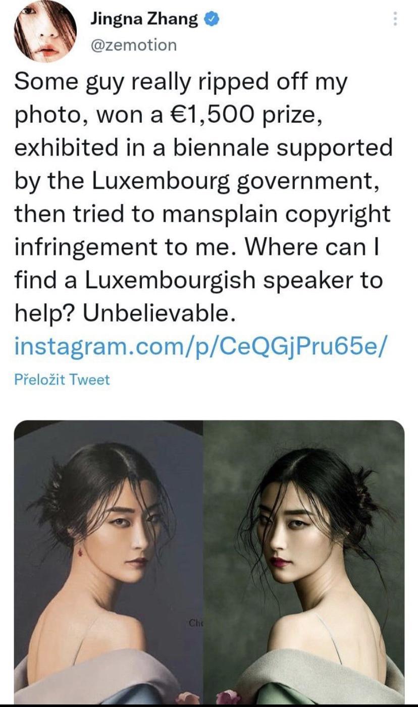 Jingna Zhang zemotion Some guy really ripped off my photo won a 1500 prize exhibited in a biennale supported by the Luxembourg government then tried to mansplain copyright infringement to me Where can find a Luxembourgish speaker to help Unbelievable instagramcompCeQGjPru65e Prelozit Tweet