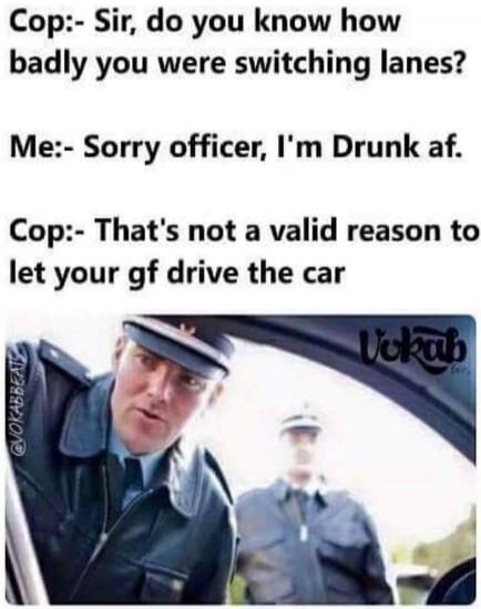 Cop: Sir, do you know how badly you were switching lanes? Me: Sorry officer, I'm Drunk af. Cop: That's not a valid reason to let your gf drive the car.
