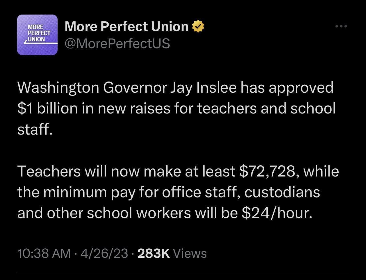 More Perfect Union MorePerfectUS Washington Governor Jay Inslee has approved 1billion in new raises for teachers and school Behd Teachers will now make at least 72728 while the minimum pay for office staff custodians and other school workers will be 24hour 1038 AM 42623 283K Views