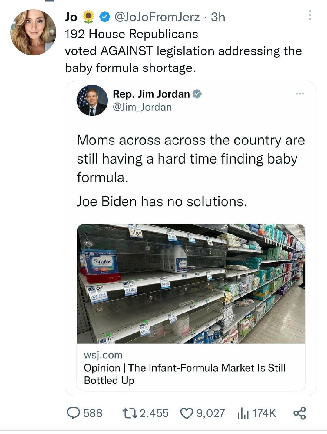 Jo loJoFromlerz 3h 192 House Republicans voted AGAINST legislation addressing the baby formula shortage Rep Jim Jordan jim_Jordan Moms across across the country are still having a hard time finding baby formula Joe Biden has no solutions wsjcom Opinion The Infant Formula Market Is Still Bottled Up Os588 112455 Q09027 174K o