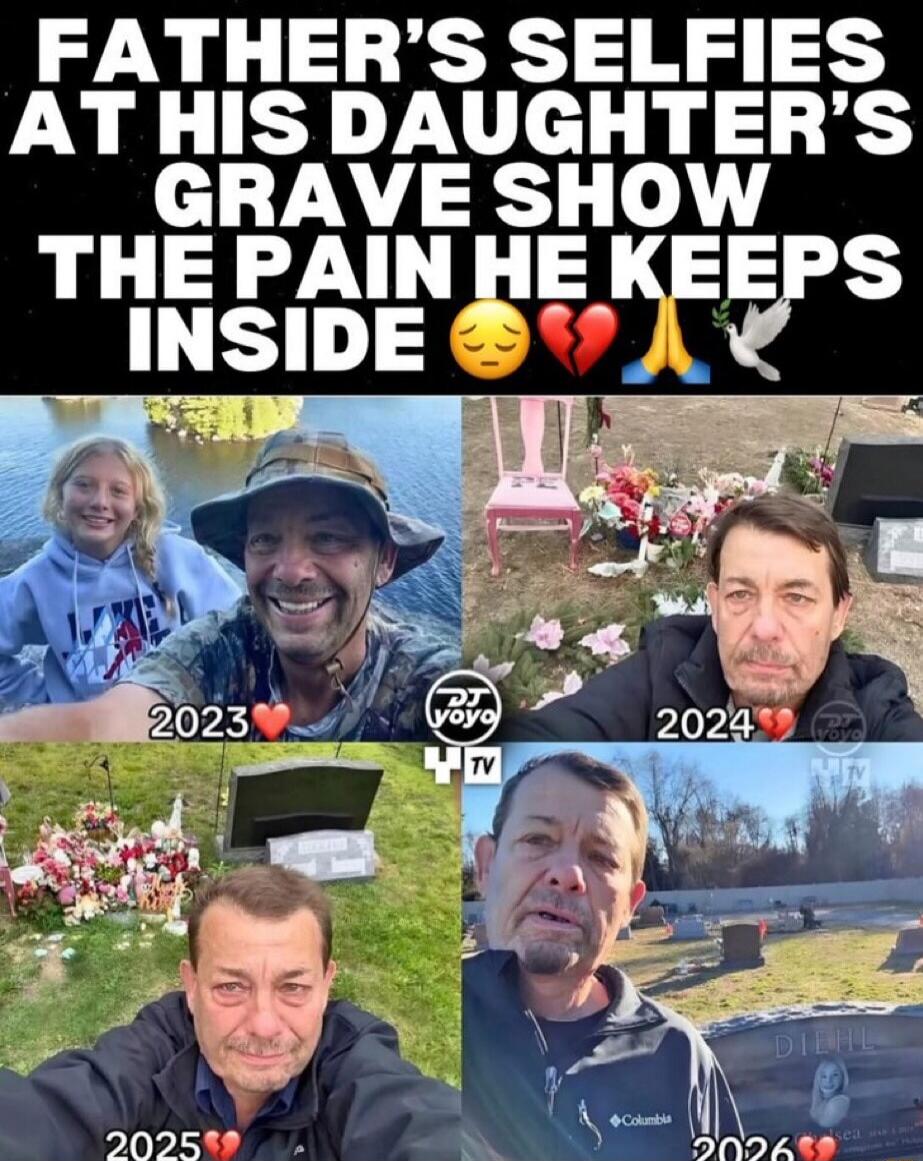 FATHER'S SELFIES AT HIS DAUGHTER'S GRAVE SHOW THE PAIN HE KEEPS INSIDE. The image shows a collage of four selfies taken by a father. The first selfie from 2023 shows him smiling with his daughter by a lake. The subsequent selfies from 2024, 2025, and 2026 show him at his daughter's grave, with his expression progressively changing from sad to distr