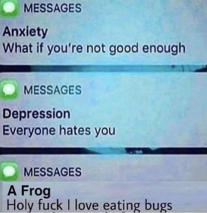 4 MESSAGES Anxiety What if youre not good enough MESSAGES Depression Everyone hates you J MESSAGES A Frog Holy fuck love eating bugs