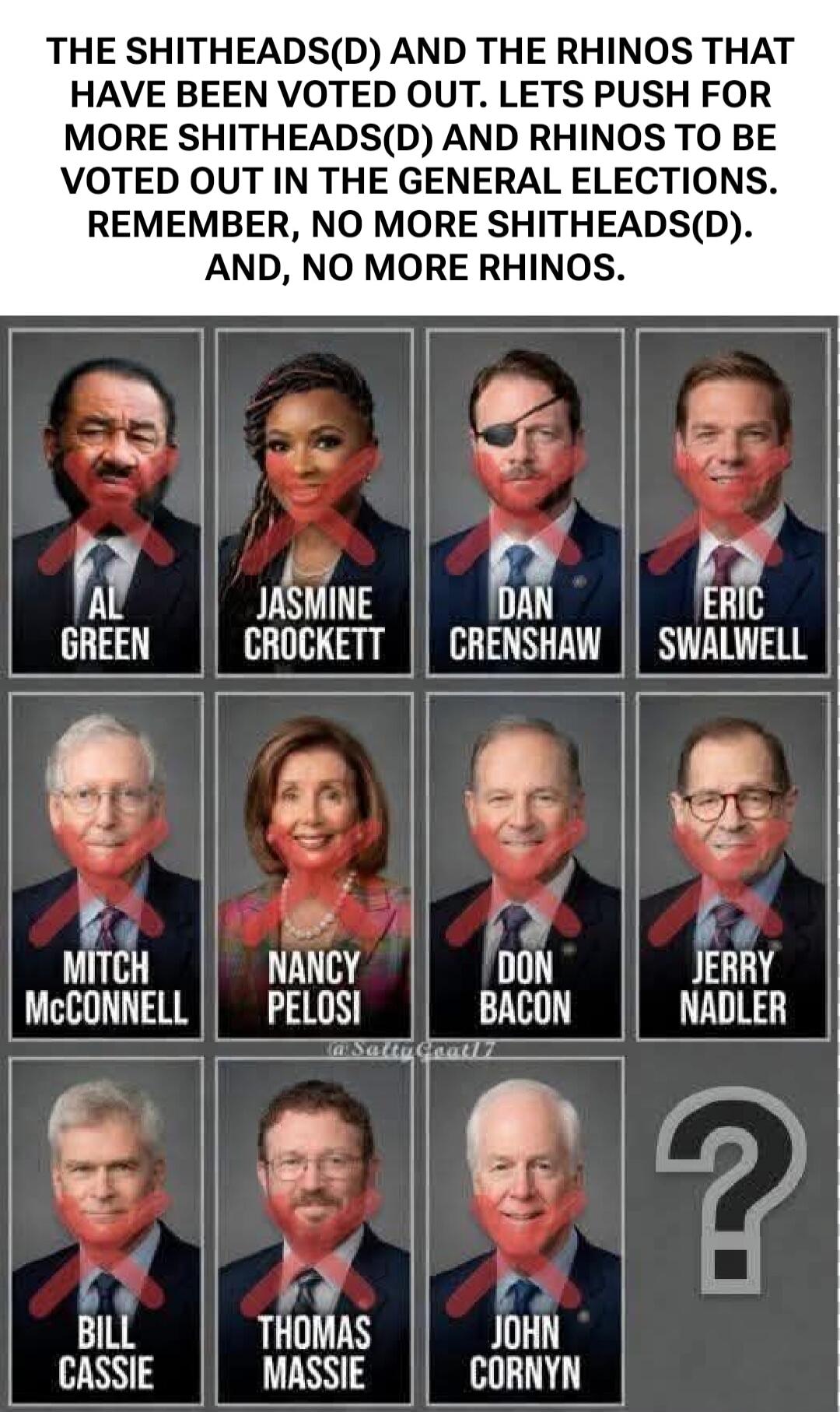 THE SHITHEADS(D) AND THE RHINOS THAT HAVE BEEN VOTED OUT. LETS PUSH FOR MORE SHITHEADS(D) AND RHINOS TO BE VOTED OUT IN THE GENERAL ELECTIONS. REMEMBER, NO MORE SHITHEADS(D). AND, NO MORE RHINOS. Al Green, Jasmine Crockett, Dan Crenshaw, Eric Swalwell, Mitch McConnell, Nancy Pelosi, Don Bacon, Jerry Nadler, Bill Cassie, Thomas Massie, John Cornyn a