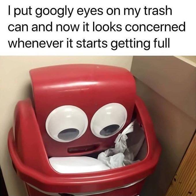 put googly eyes on my trash can and now it looks concerned whenever it starts getting full