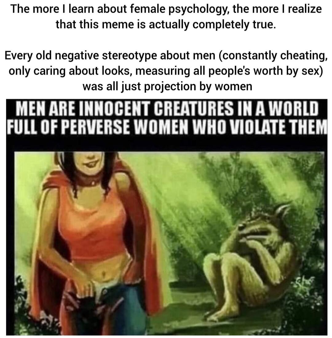 The more learn about female psychology the more realize that this meme is actually completely true Every old negative stereotype about men constantly cheating only caring about looks measuring all peoples worth by sex was all just projection by women MEN ARE INNOCENT CREATURES IN A WORLD FULL OF PERVERSE WOMEN WHO VIOLATE THE