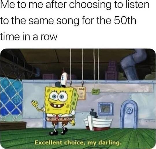 Me to me after choosing to listen to the same song for the 50th time in a row ent choice my darling