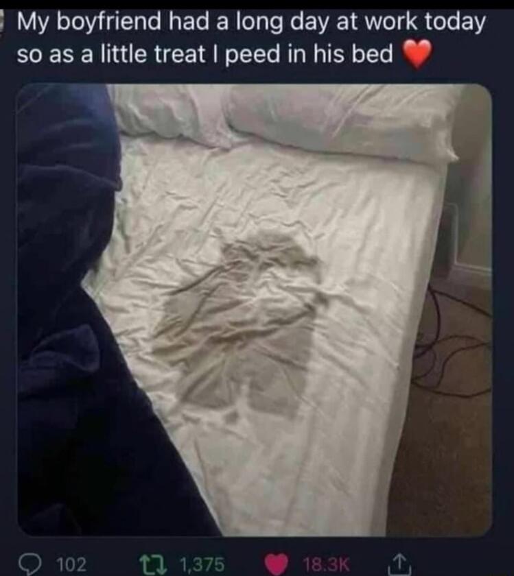 My boyfriend had a long day at work today so as a little treat peed in his bed