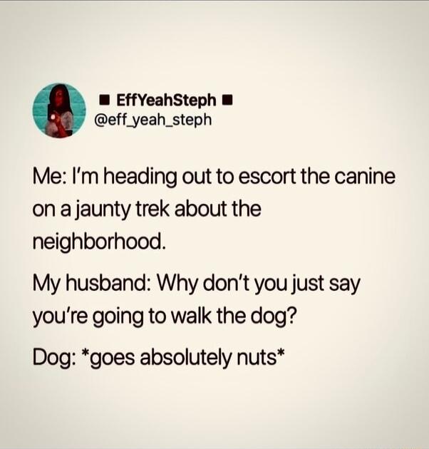 W EffYeahSteph m eff_yeah_steph Me Im heading out to escort the canine on a jaunty trek about the neighborhood My husband Why dont you just say youre going to walk the dog Dog goes absolutely nuts