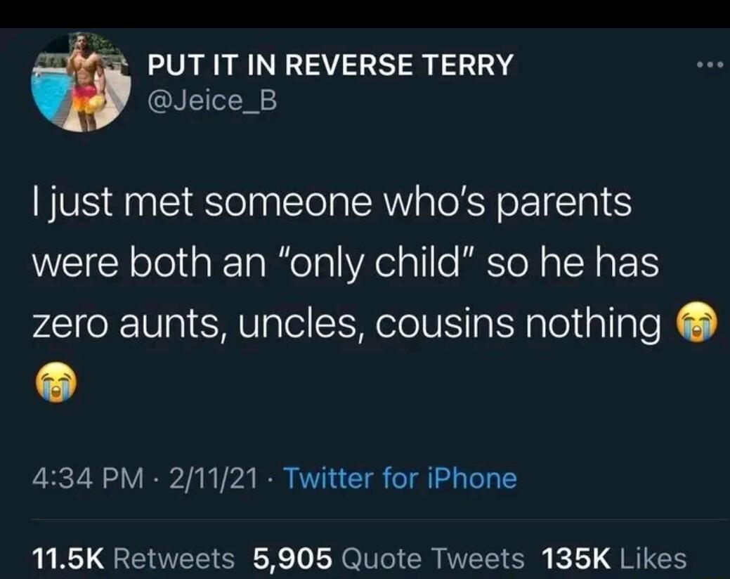 PUT IT IN REVERSE TERRY CNLTL just met someone whos parents WEICHolo k aleTalAeille KEToN Mg T zero aunts uncles cousins nothing 434 PM 21121 Twitter for iPhone 115K Retweets 5905 Quote Tweets 135K Likes