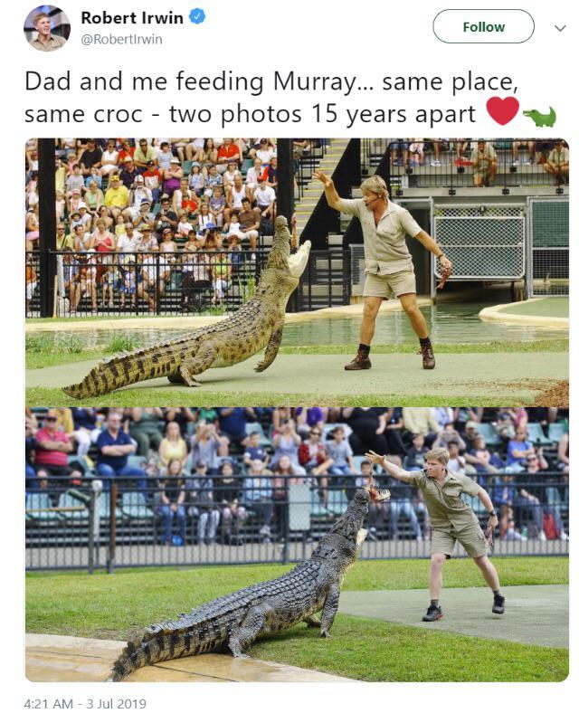 Robert Irwin Follow Dad and me feeding Murray same place same croc two photos 15 years apart
