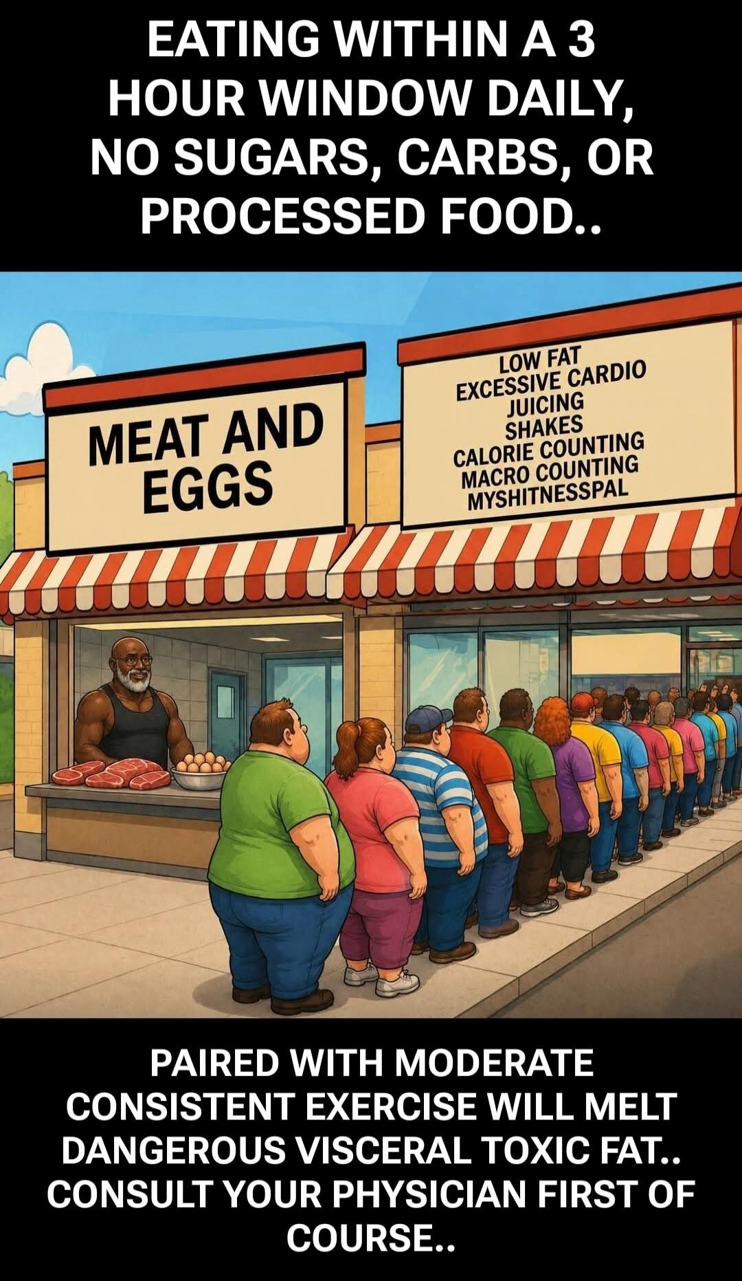 EATING WITHIN A 3 HOUR WINDOW DAILY, NO SUGARS, CARBS, OR PROCESSED FOOD.. MEAT AND EGGS LOW FAT EXCESSIVE CARDIO JUICING SHAKES CALORIE COUNTING MACRO COUNTING MYSHITNESSPAL PAIRED WITH MODERATE CONSISTENT EXERCISE WILL MELT DANGEROUS VISCERAL TOXIC FAT.. CONSULT YOUR PHYSICIAN FIRST OF COURSE..