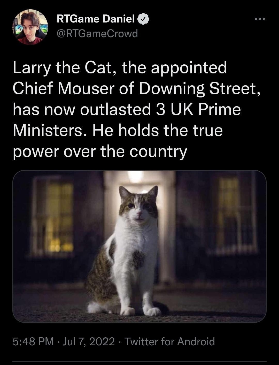 RTGame Daniel RTGameCrowd Larry the Cat the appointed Chief Mouser of Downing Street REER IV Yo ReH VI o4y Ministers He holds the true power over the country L 7 4 L 548 PM Jul 7 2022 Twitter for Android 108K Re 625 Quote 1 791K Likes