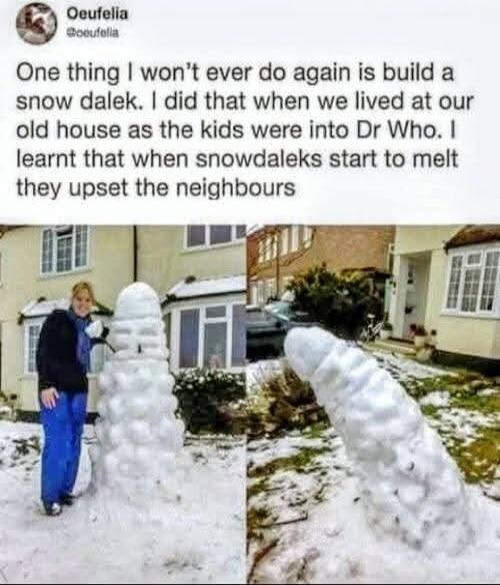 One thing I won’t ever do again is build a snow dalek. I did that when we lived at our old house as the kids were into Dr Who. I learnt that when snowdaleks start to melt they upset the neighbours